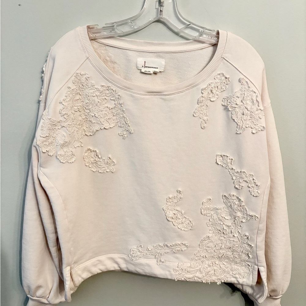 By Anthropologie Lace Crochet Applique Pullover Sweatshirt Size XS Womens Cotton